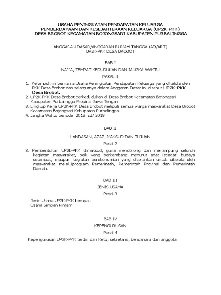 AD/ART UP2K-PKK Desa Brobot 2024 | PDF | Pengelolaan Keuangan & Uang