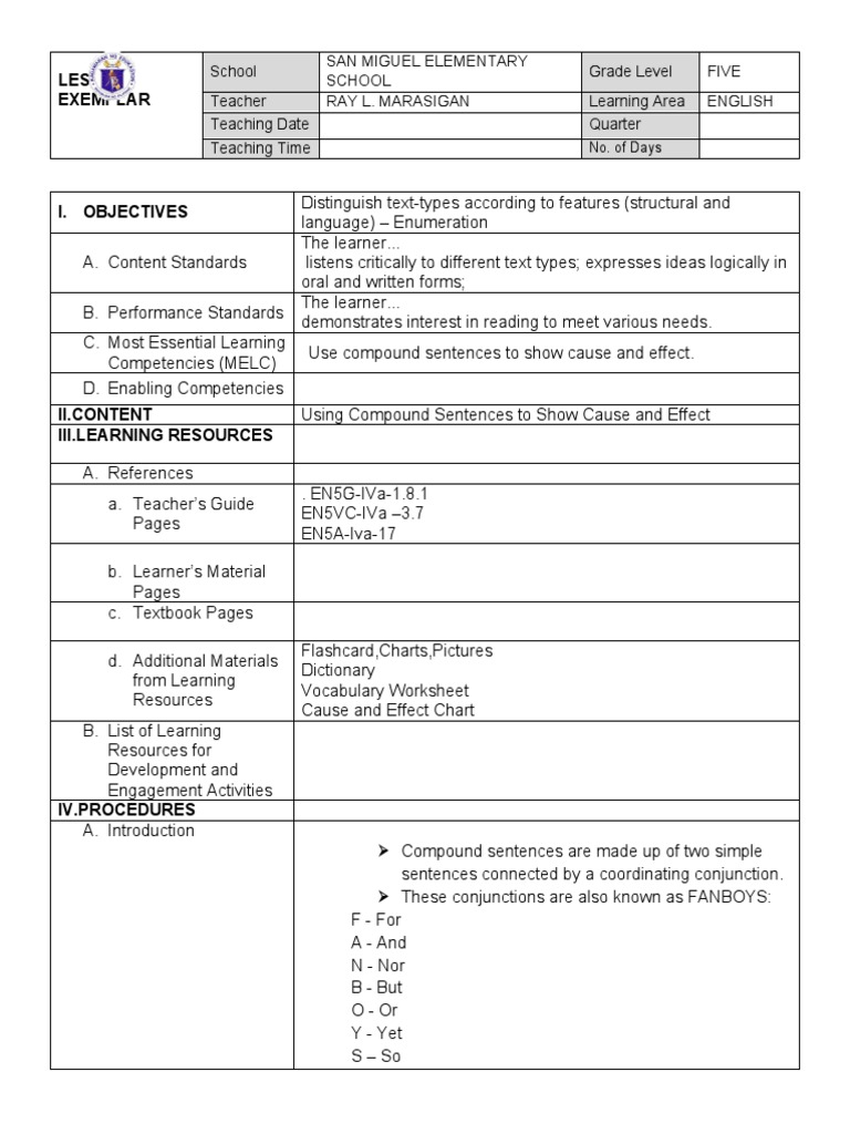 Cot 2021 English LP Compound Sentence Cause and Effect PDF Learning
