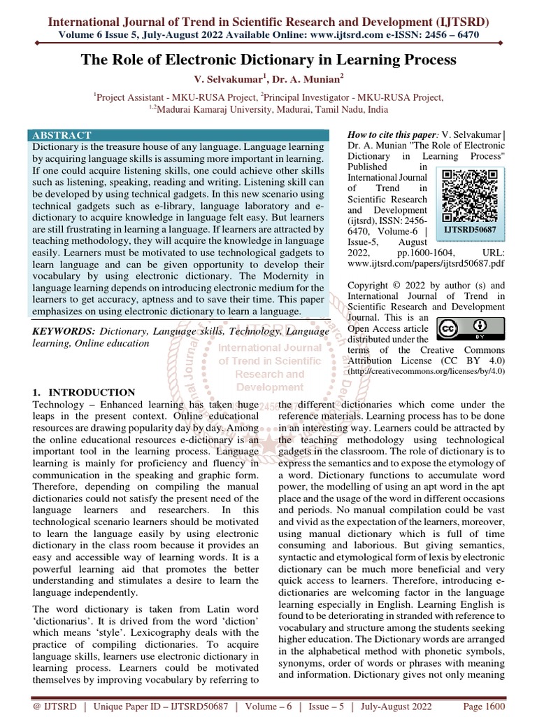 The Role of Electronic Dictionary in Learning Process PDF Learning