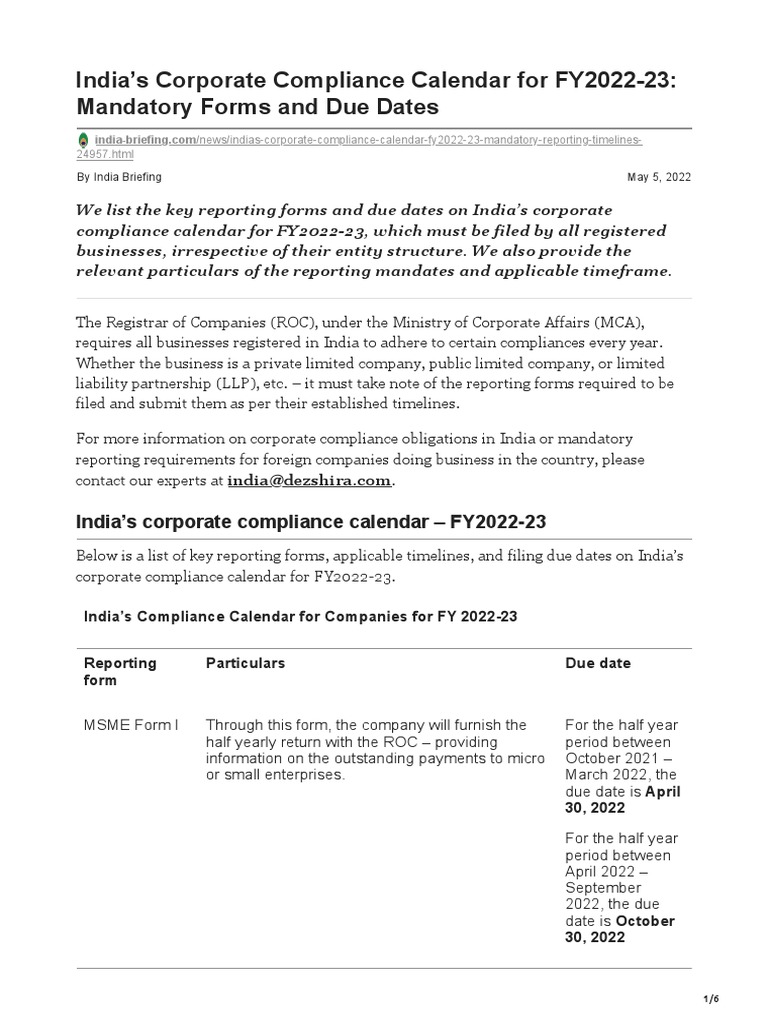 Indias Corporate Compliance Calendar for FY202223 Mandatory Forms and Due Dates PDF Limited