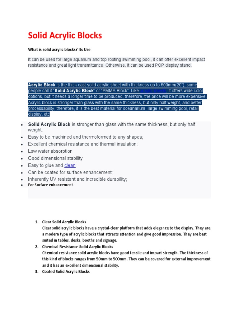 What Is Solid Acrylic Blocks? Its Use PDF Poly(Methyl Methacrylate