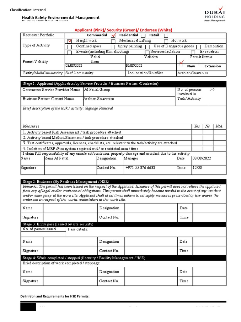 HSE Work Permit PDF Safety Occupational Safety And Health