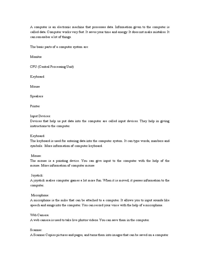 An Introduction to the Basic Parts and Functions of a Computer System