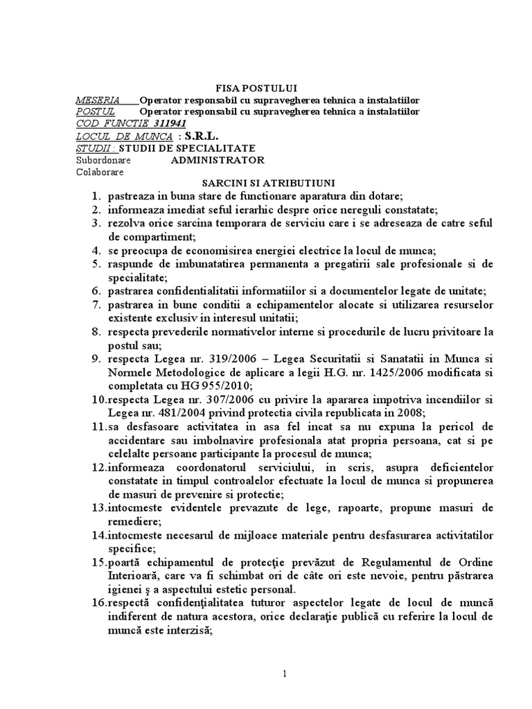 FISA POST Operator Responsabil Cu Supravegherea Tehnica A Instalatiilor ...