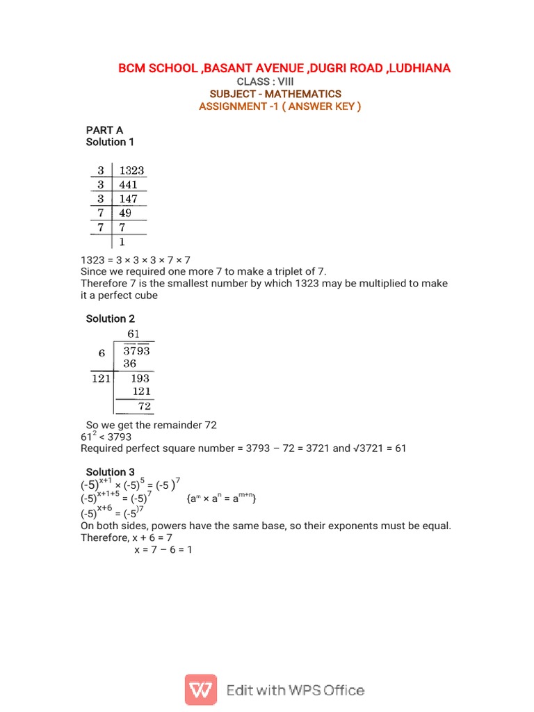 ANSWER KEY MATHS ASSIGNMENT (1) | PDF