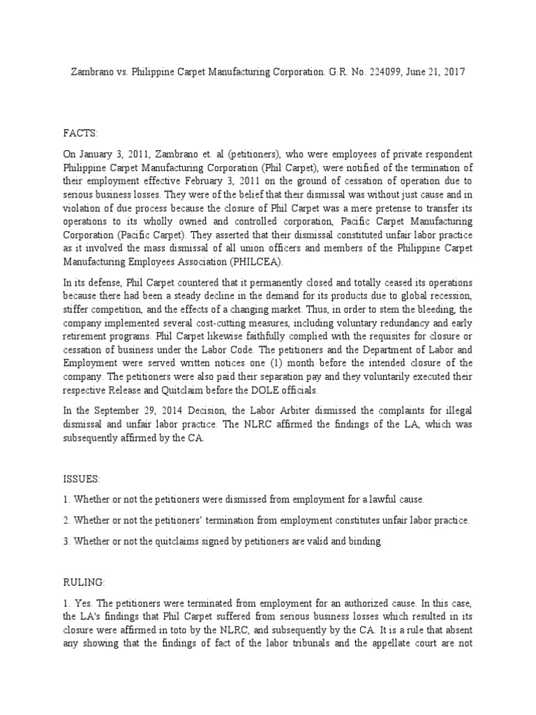 Zambrano vs. Philippine Carpet Manufacturing Corporation. G.R. No