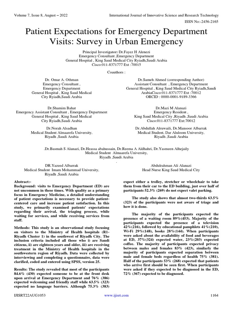 Patient Expectations For Emergency Department Visits Survey In Urban