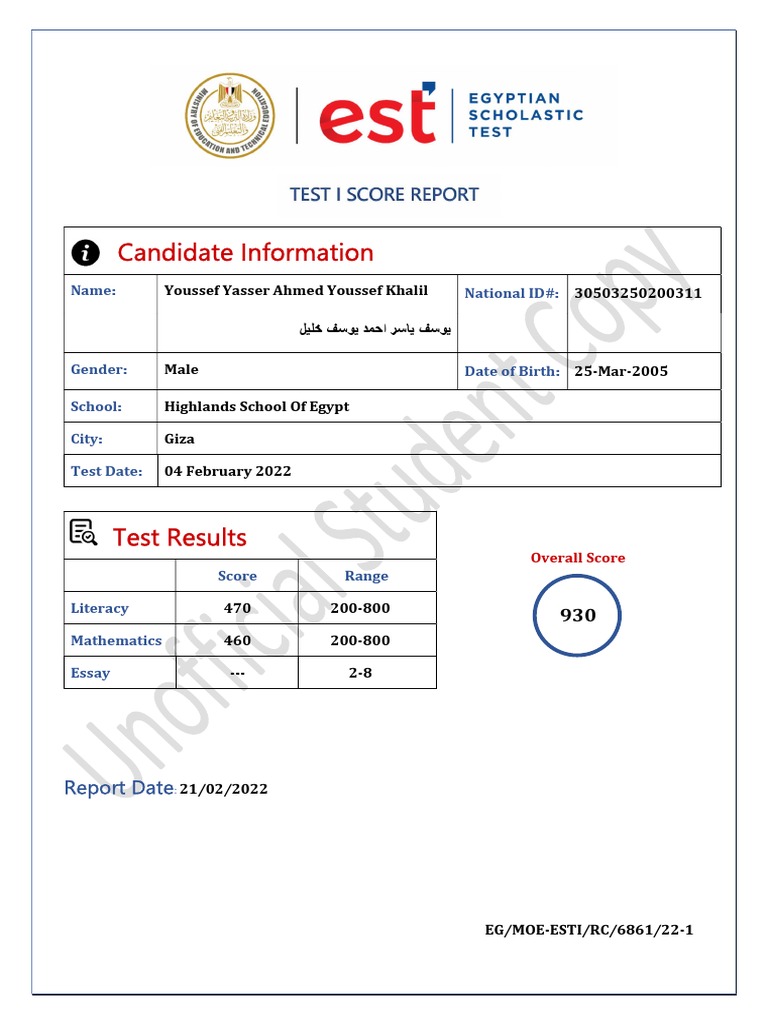EST Score Report for Youssef Khalil | PDF