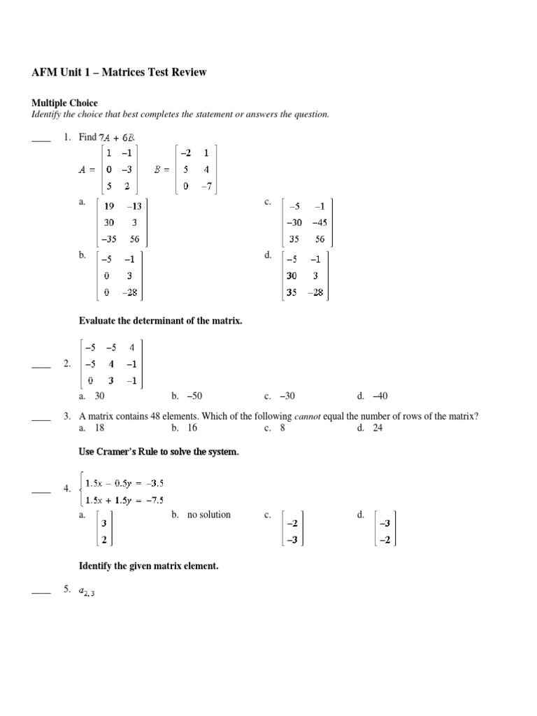 Matrices Test Review Guide | PDF | Matrix (Mathematics) | Determinant