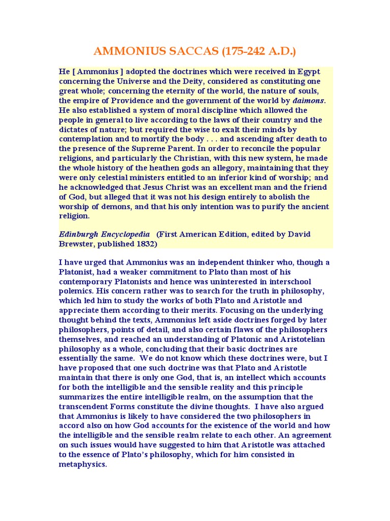 Ammonius Saccas PDF Neoplatonism Metaphysics