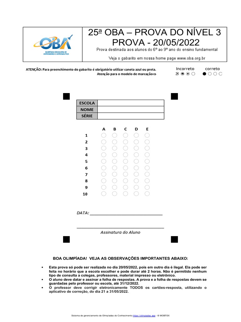 Prova Do Nível 3 Da 25 Oba de 2022 | PDF | Luz | Velocidade da luz