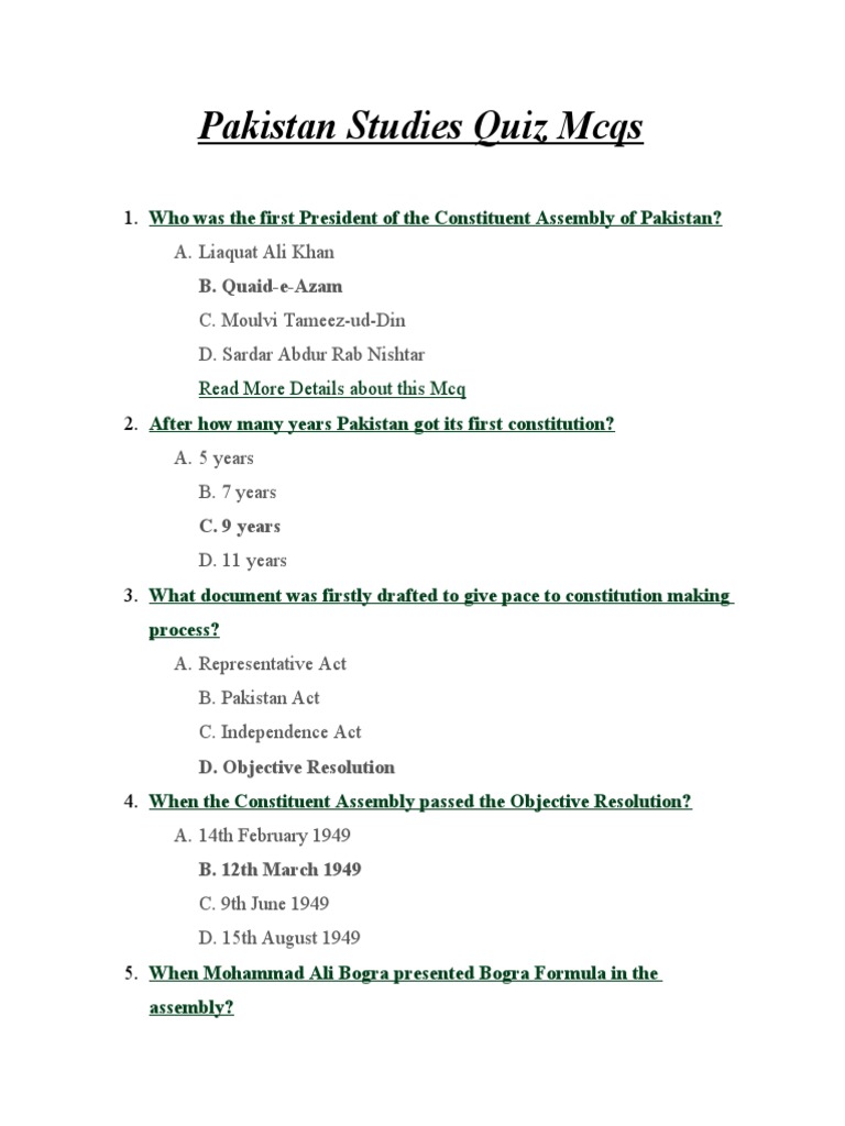 Pakistan Studies Quiz Mcqs-1 | PDF | South Asia | Government