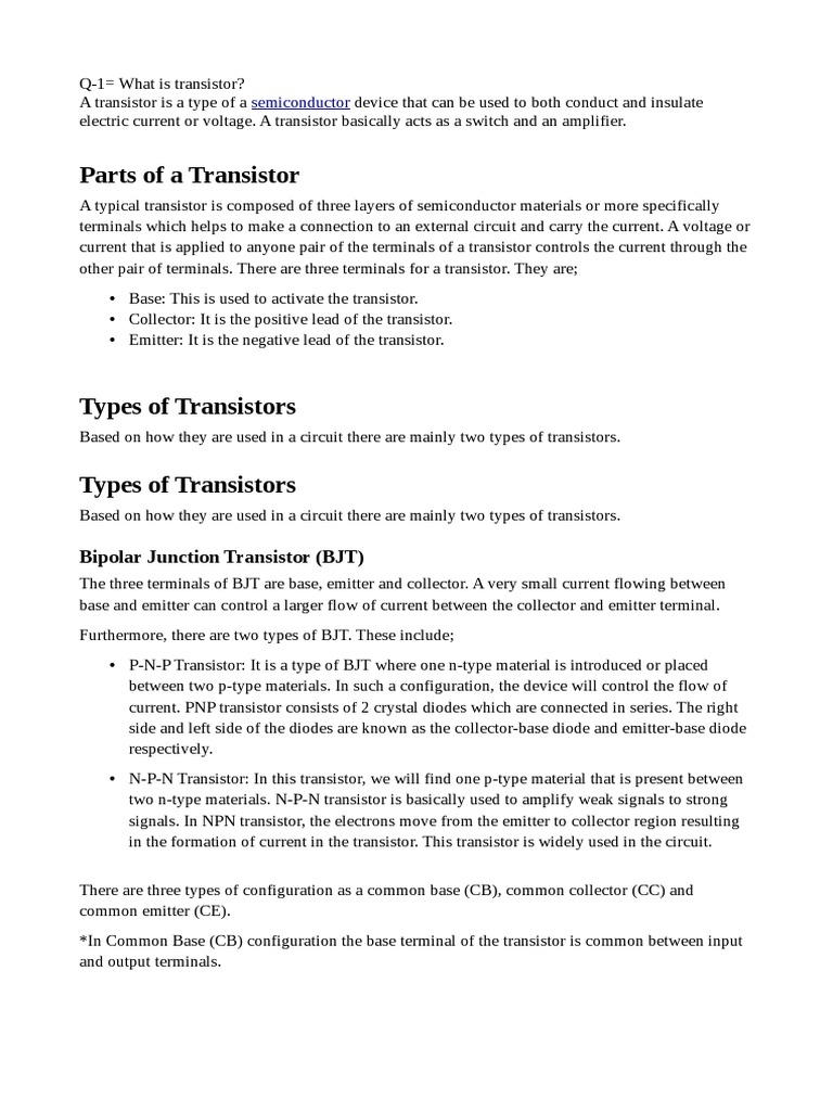 Analog Electronics Viva Questions PDF Bipolar Junction Transistor
