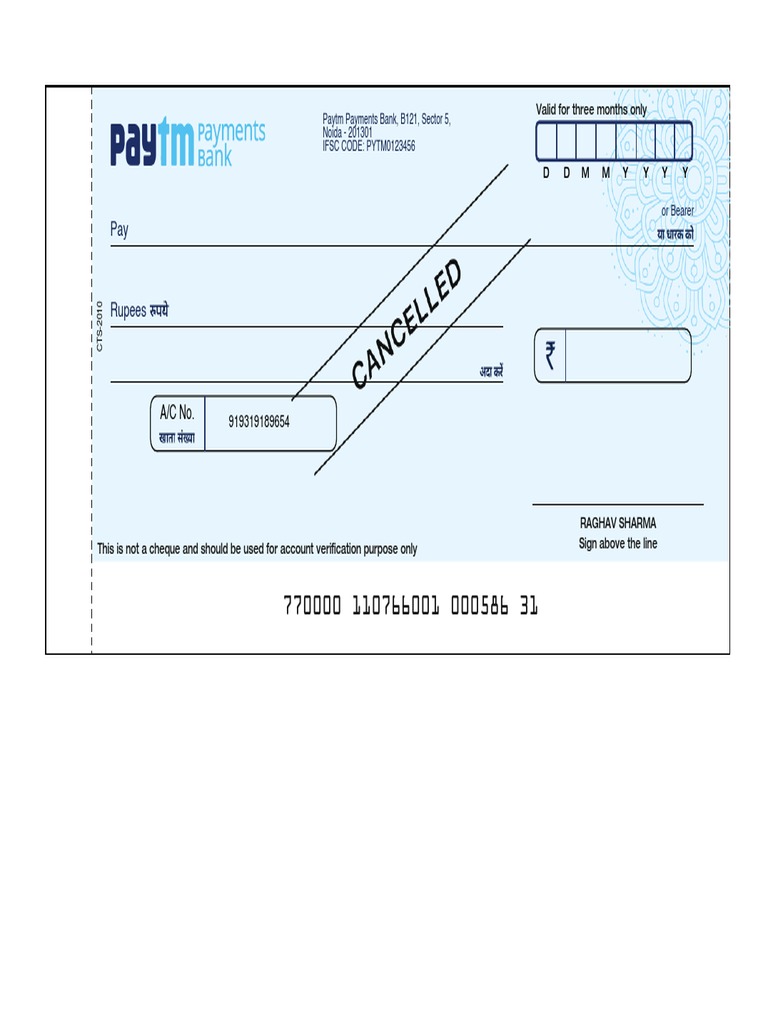 Paytm Payments Bank Cancelled Cheque | PDF