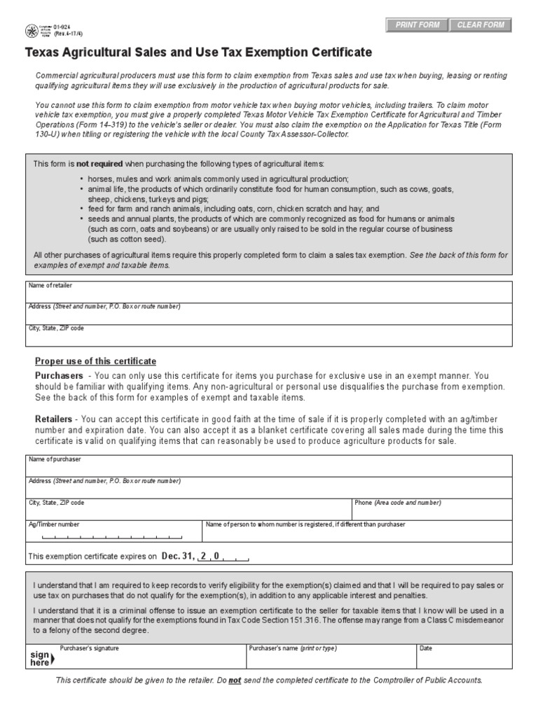 Texas Agricultural Sales and Use Tax Exemption Certificate PDF Tax Exemption Agricultural