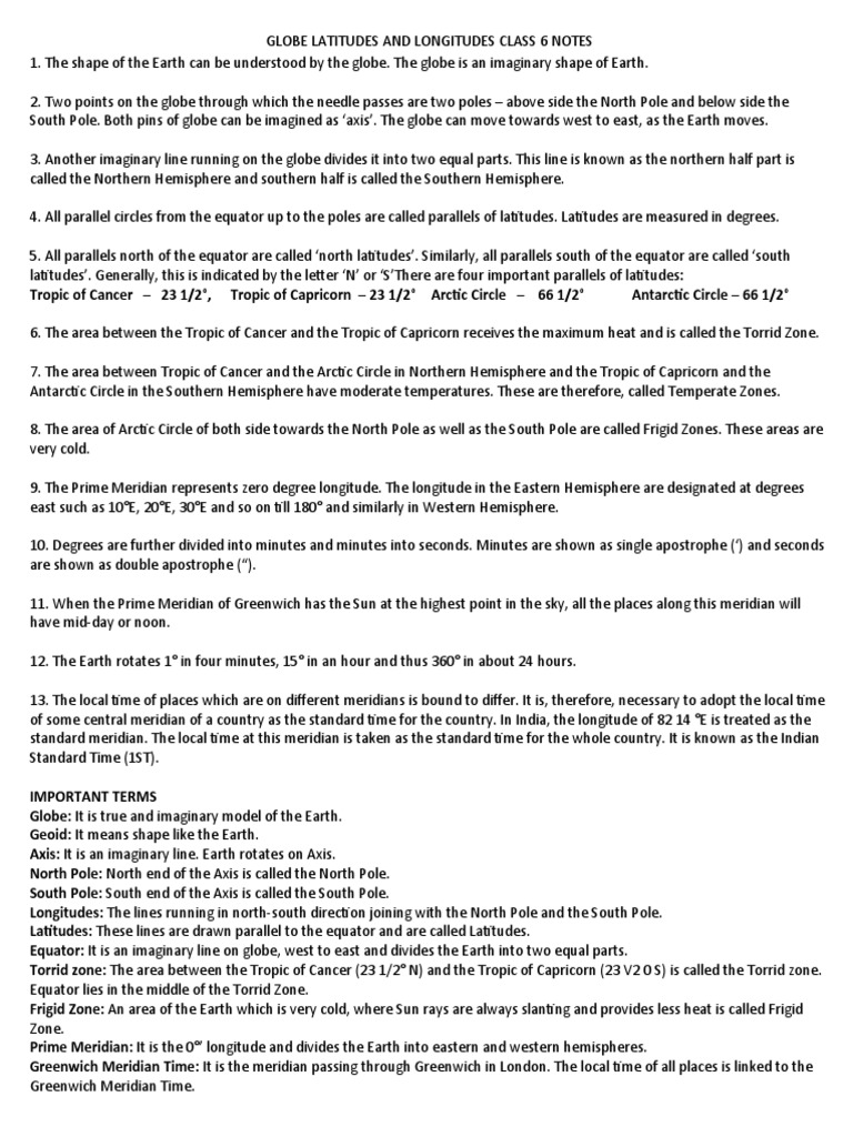 Globe Latitudes and Longitudes Class 6 Notes | PDF | Latitude | Equator