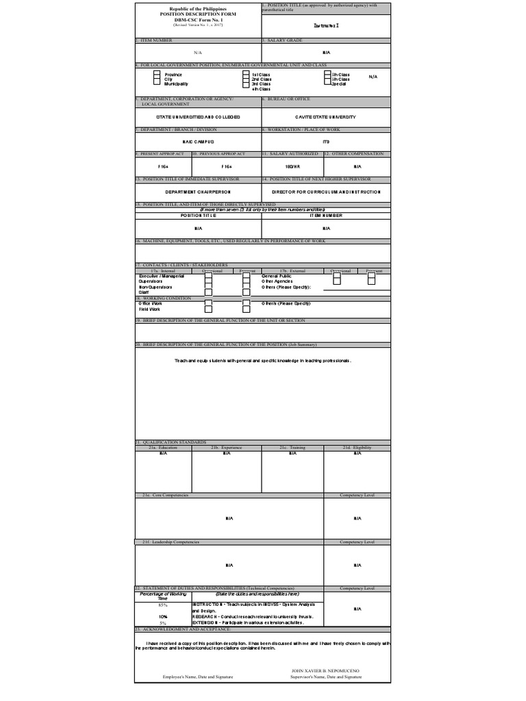 DBM CSC Form No. 1 Position Description Forms | PDF | Business