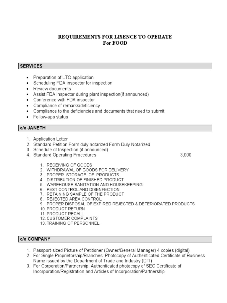 Lto Food Requirements Daude PDF Warehouse Food And Drug