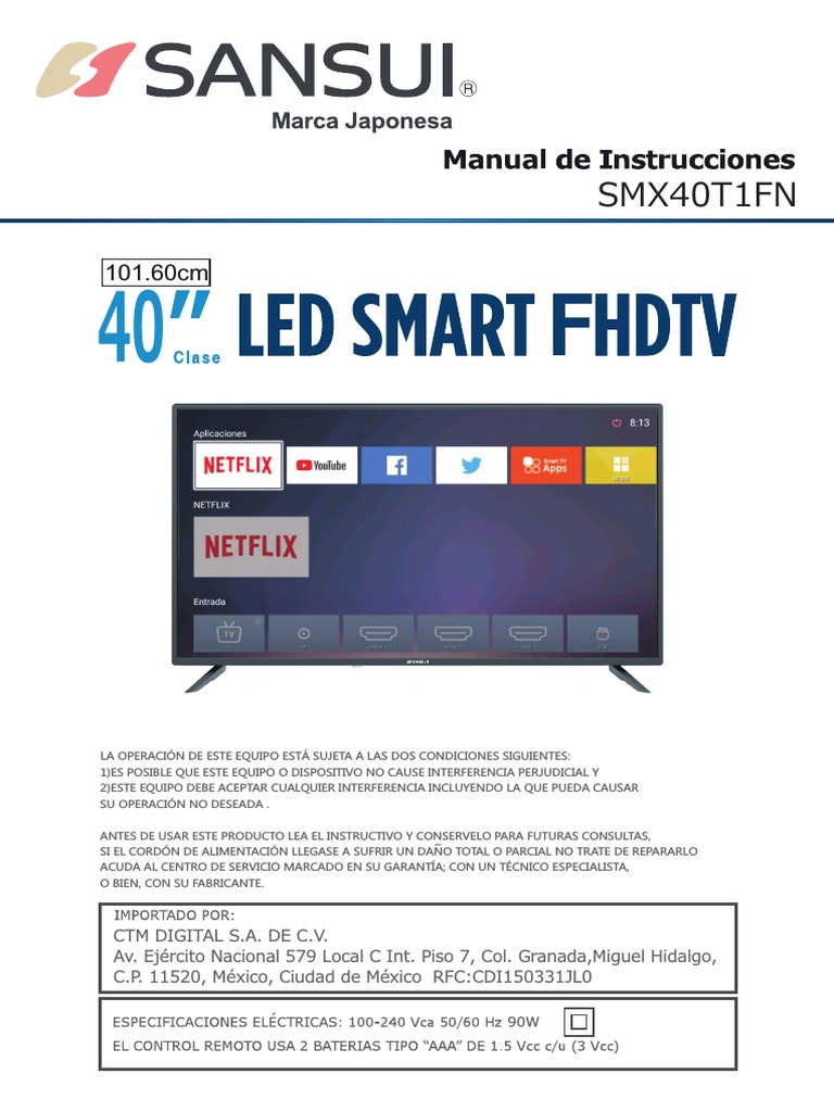 Manual de Instruccion TV Sansui 40 Pulgadas Led Smart FHDTV SMX40T1FN ...