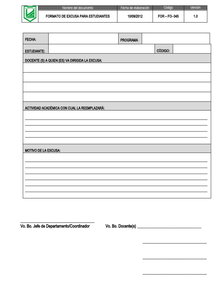 Formato de Excusa Escolar | PDF