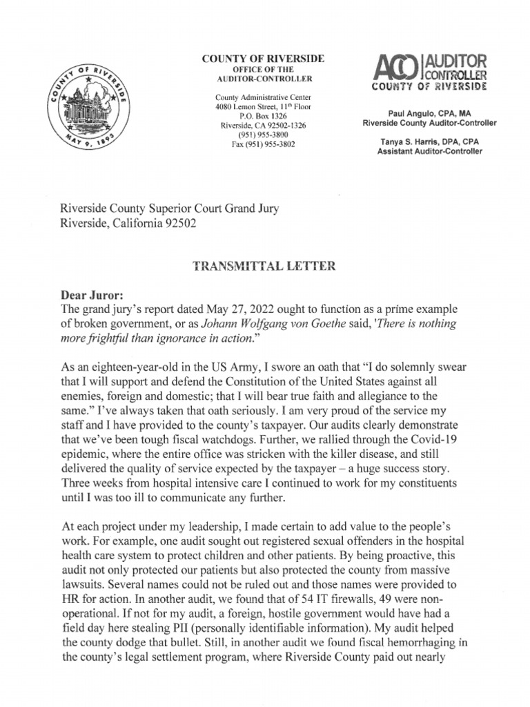 Riverside County Auditor Controller Paul Angulo's Response To Grand
