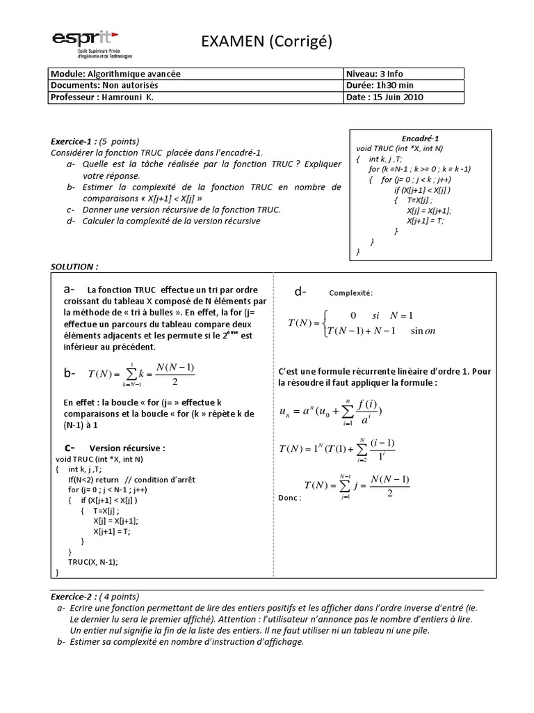 Exercices Corrigés d'Algorithmique Avancée | PDF | Pointeur ...