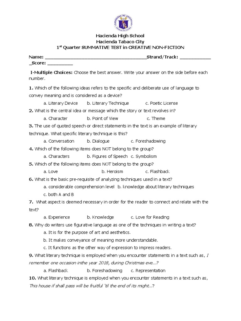 1st Quarter CNF Summative Test | PDF | The Arts | Writing