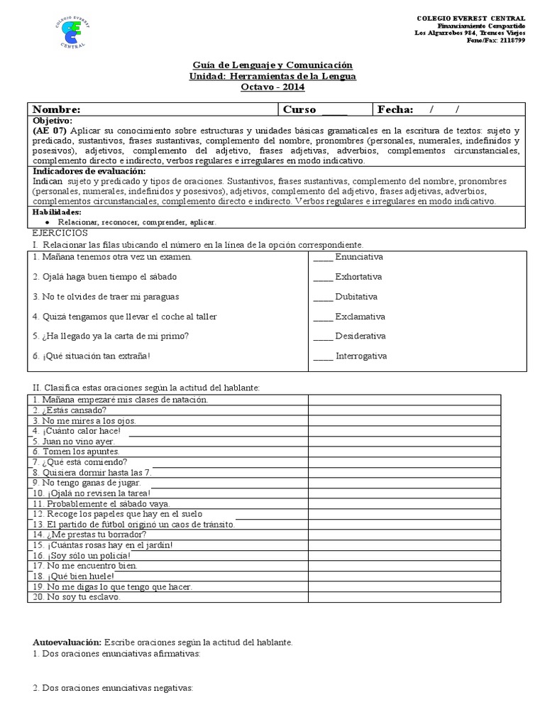 Gramática 8 Ejercicios Oraciones Pdf Oración Lingüística Adjetivo