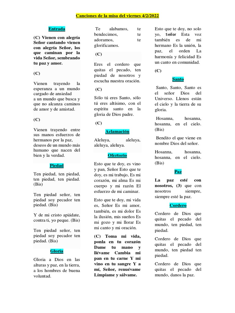 Canciones de Misa Del 4 de Febrero Del 2022 Descargar gratis PDF