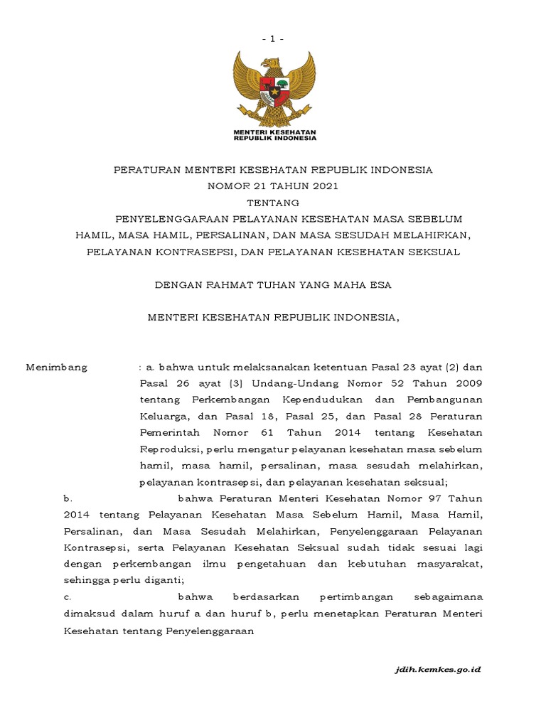 PMK No. 21 TH 2021 TTG Penyelenggaraan Pelayanan Kesehatan Kehamilan