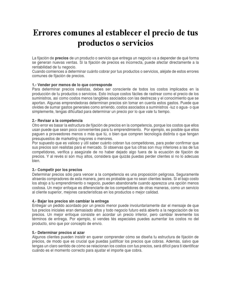 Errores Comunes Al Establecer El Precio de Tus Productos o Servicios ...