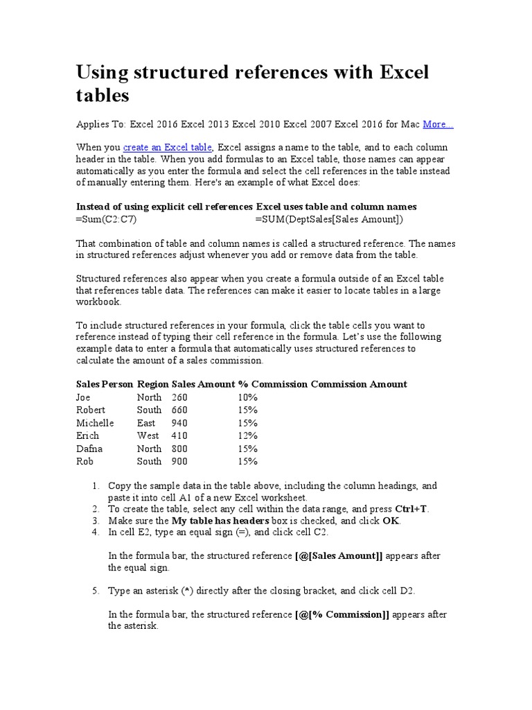 Using Structured References in Excel Tables | PDF | Microsoft Excel ...