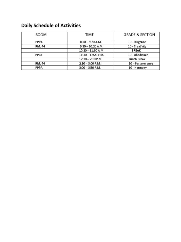 Daily Schedule Of Activities PDF