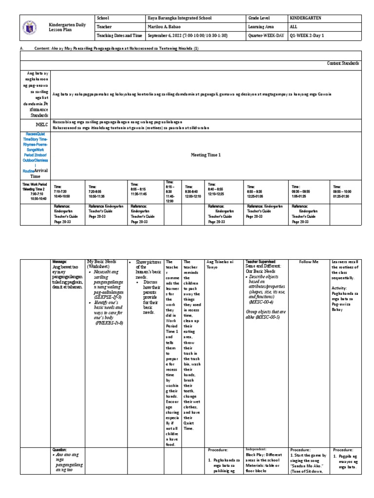 Kindergarten Daily Lesson Plan Q1-W2 | PDF | Learning | Cognitive ...
