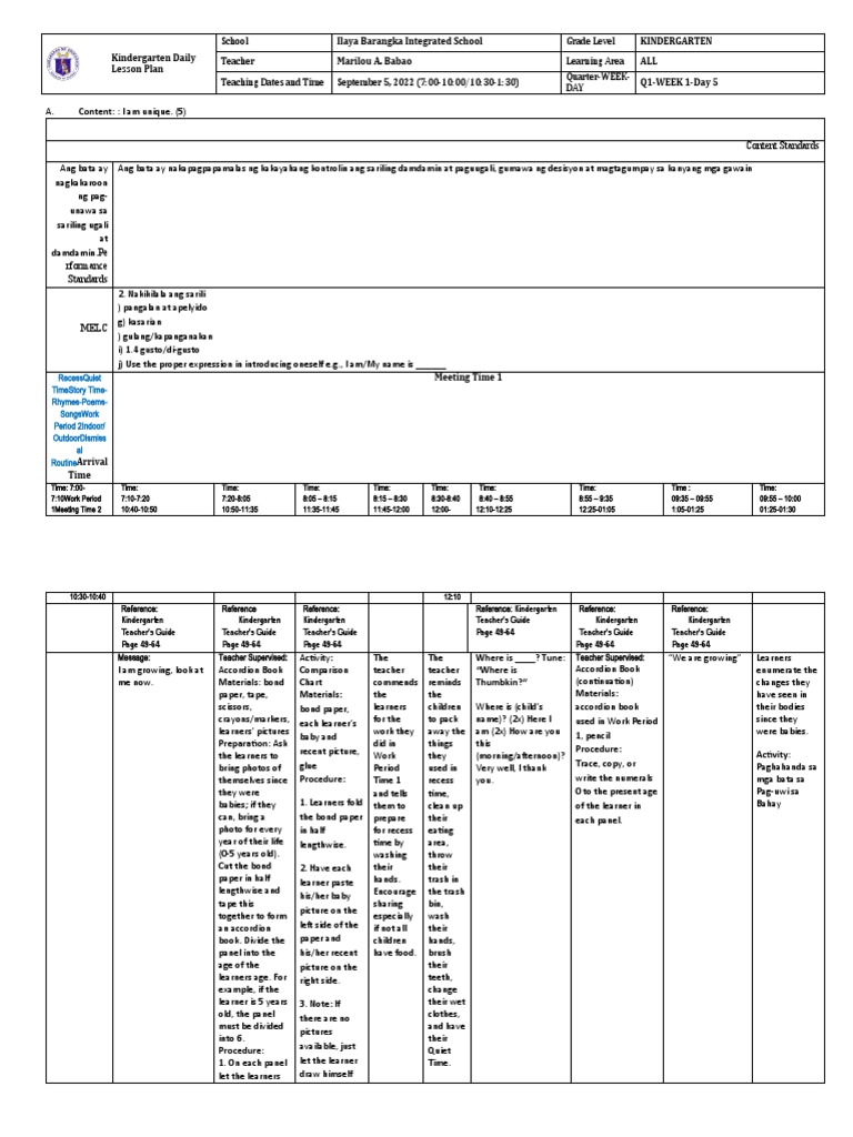 Kindergarten Q1 Lesson Plan Overview | PDF | Learning | Teachers
