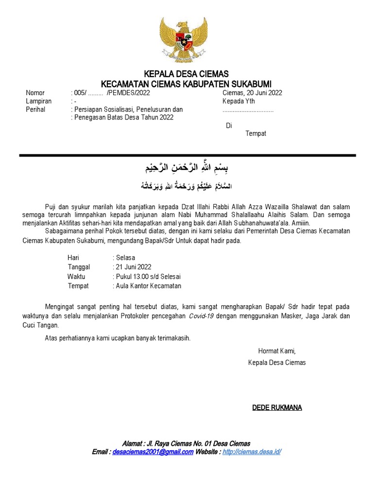 Surat Undangan Rapat Sosialisasi Penegasan Batas Desa Ciemas | PDF
