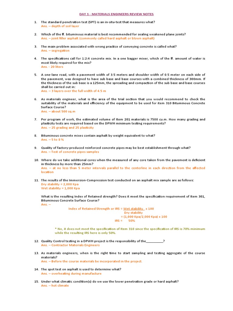 Day 1 Reviewer For Materials Engineer PDF Concrete Asphalt