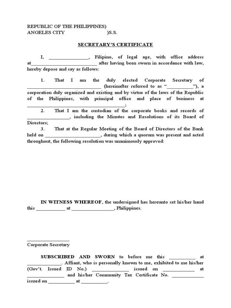 Corporate Secretary's Certificate Template | PDF | Finance & Money ...