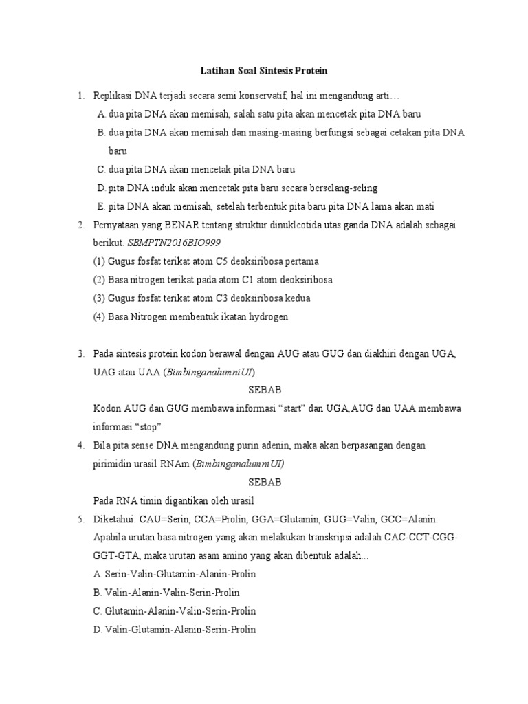 Latihan Soal Sintesis Protein Kelas 12 | PDF