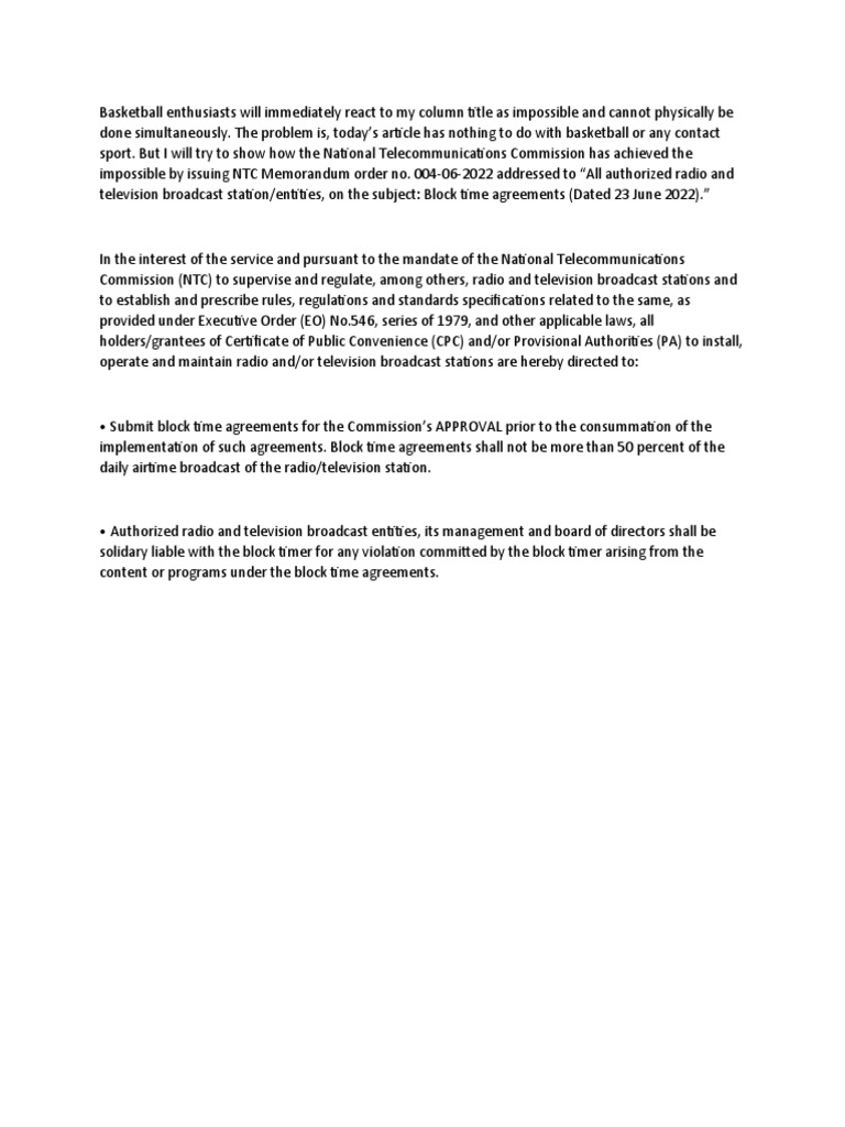 NTC Guidelines on Block Time Agreements | PDF