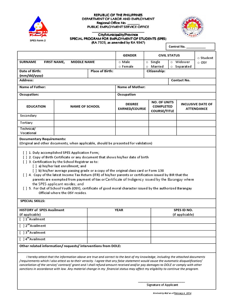 APPLICATION FORM SPES Form 2 FINAL PDF Unemployment Benefits