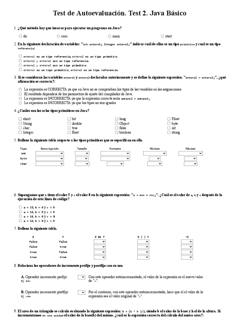 Test De Autoevaluación Java Básico Pdf Java Lenguaje De