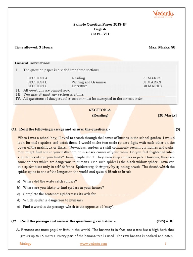 CBSE Class 7 English Paper 1 PDF