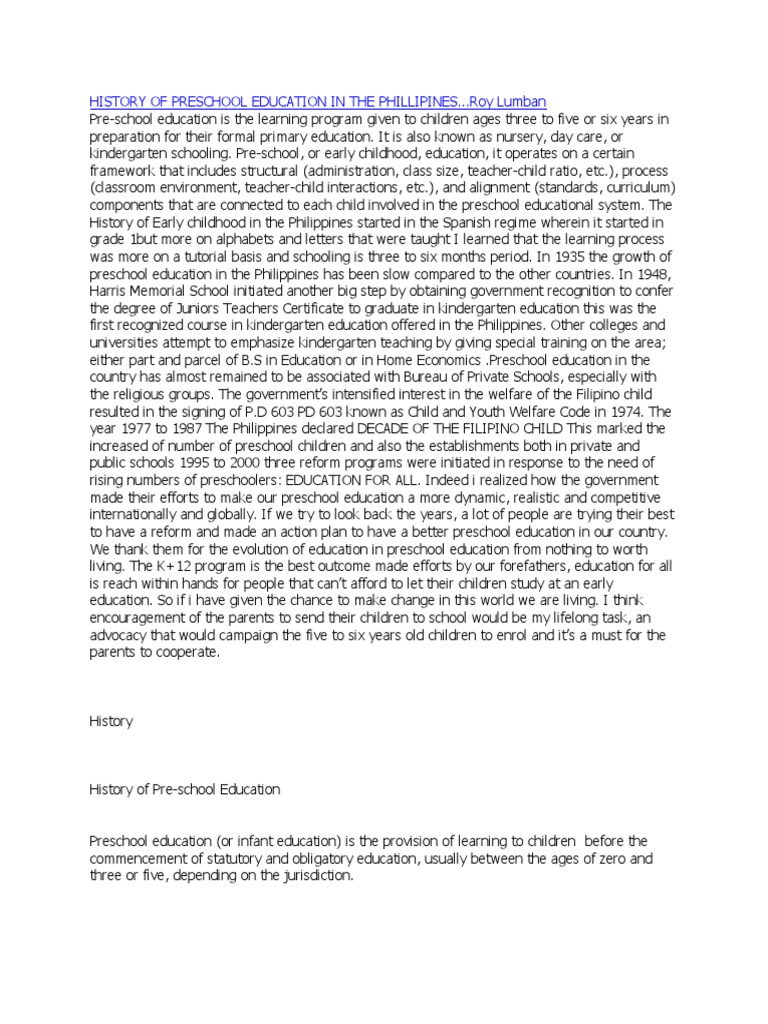 History of Preschool Education in The Phillipines PDF Preschool