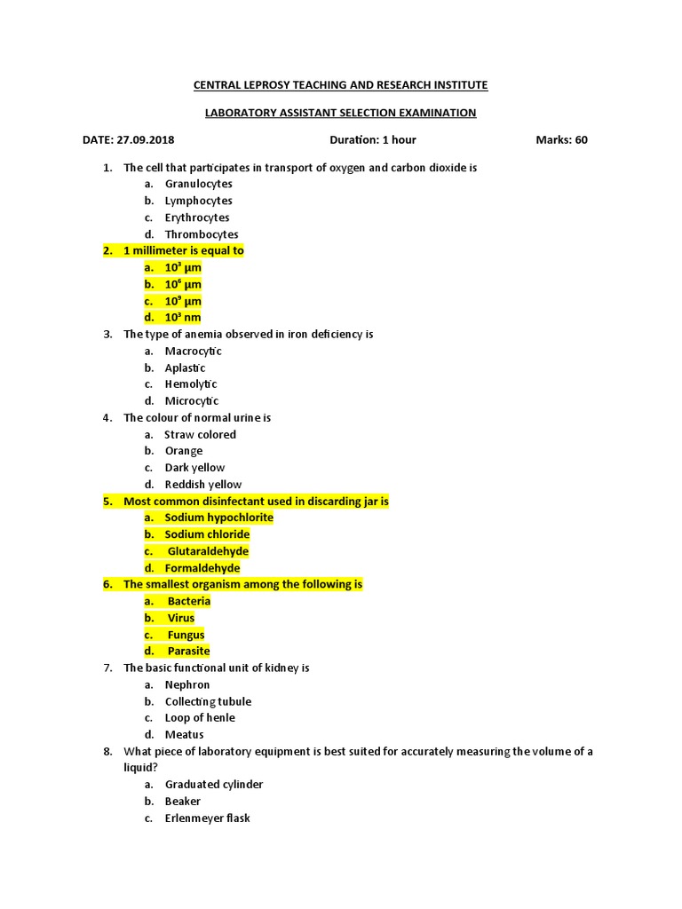 Lab Assistant MCQs PDF Staining Anemia