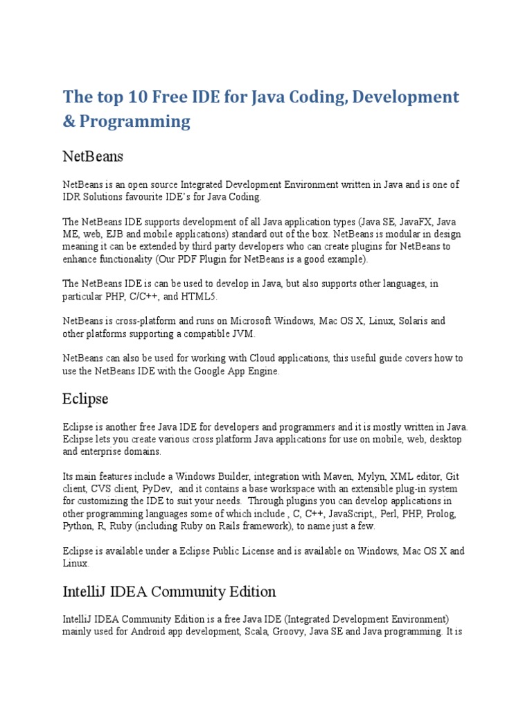 The Top 10 Free Ide For Java Coding | Download Free PDF | Applications ...