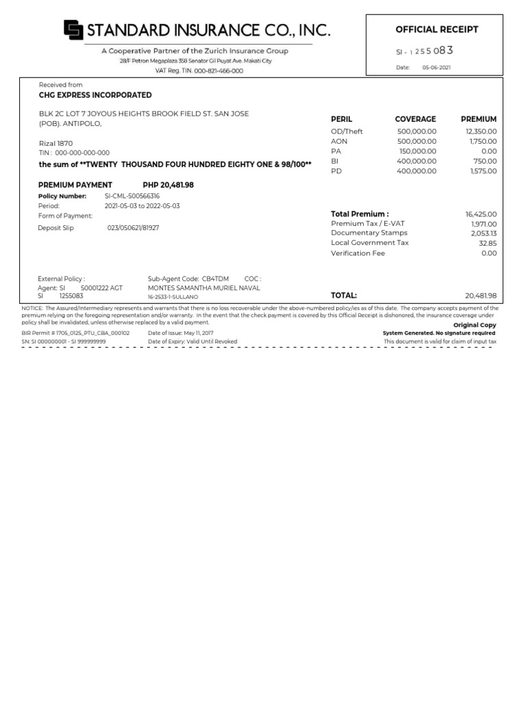 CAT 5491 Insurance Receipt PDF Insurance Corporate Governance