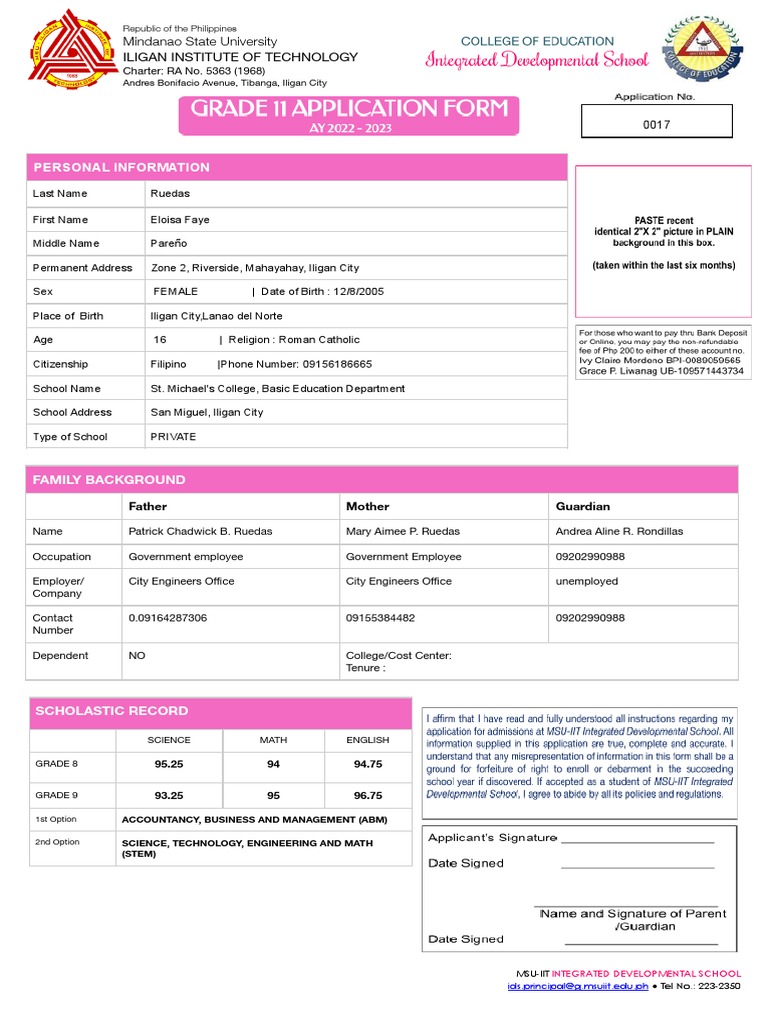 Grade 11 Admission Application Form PDF