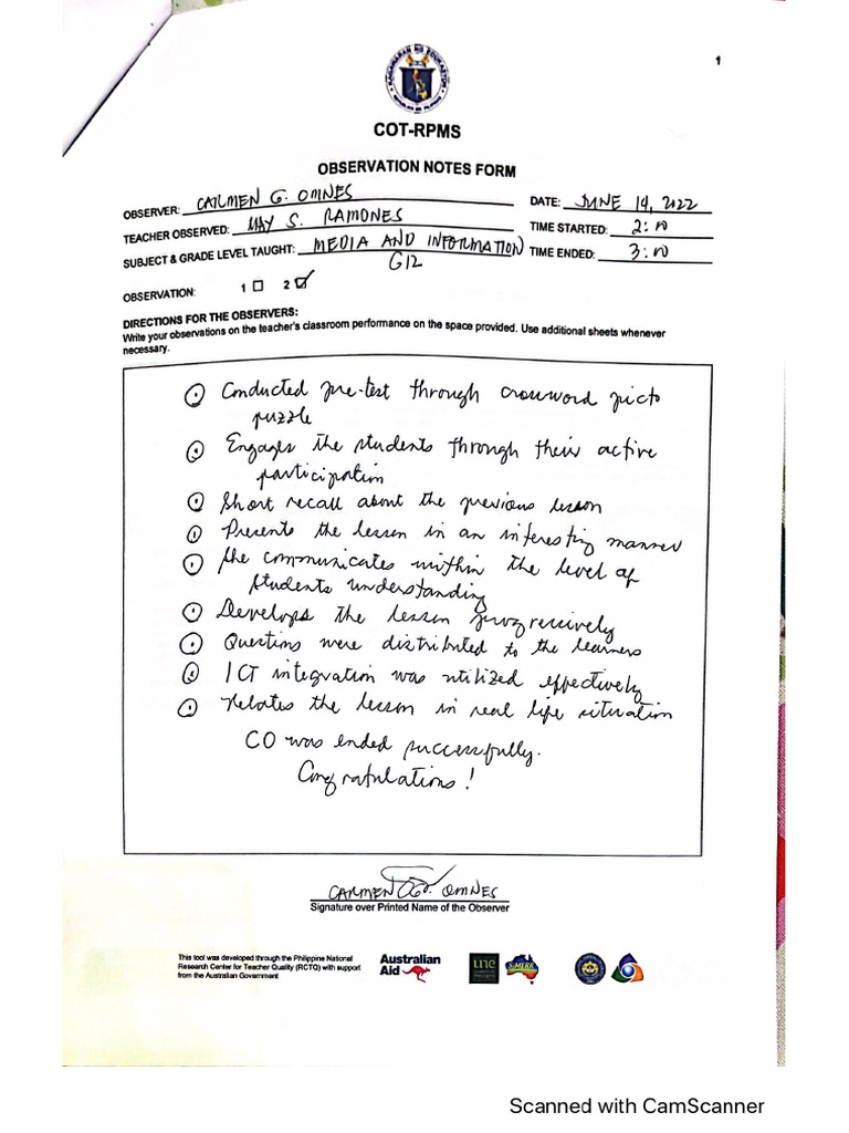 Cot 2 observation notes pdf