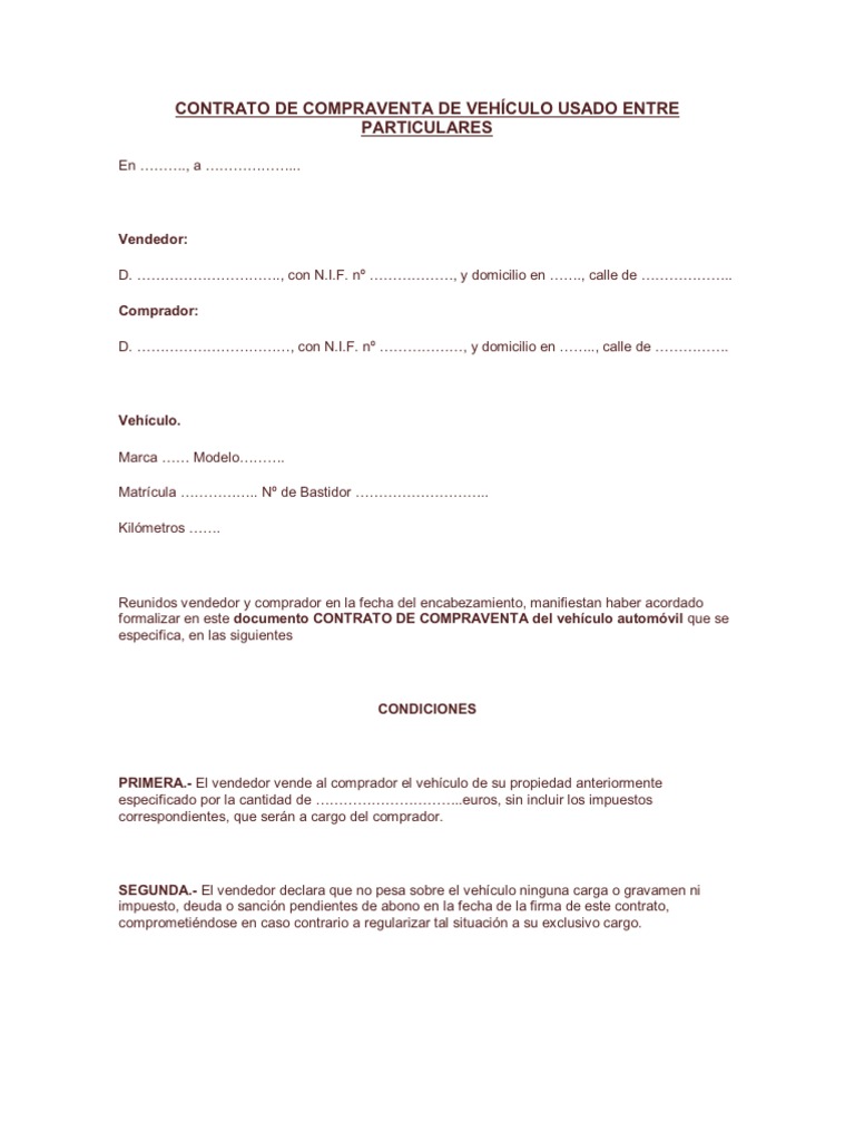 CONTRATO DE COMPRAVENTA DE VEHÍCULO USADO ENTRE PARTICULARES